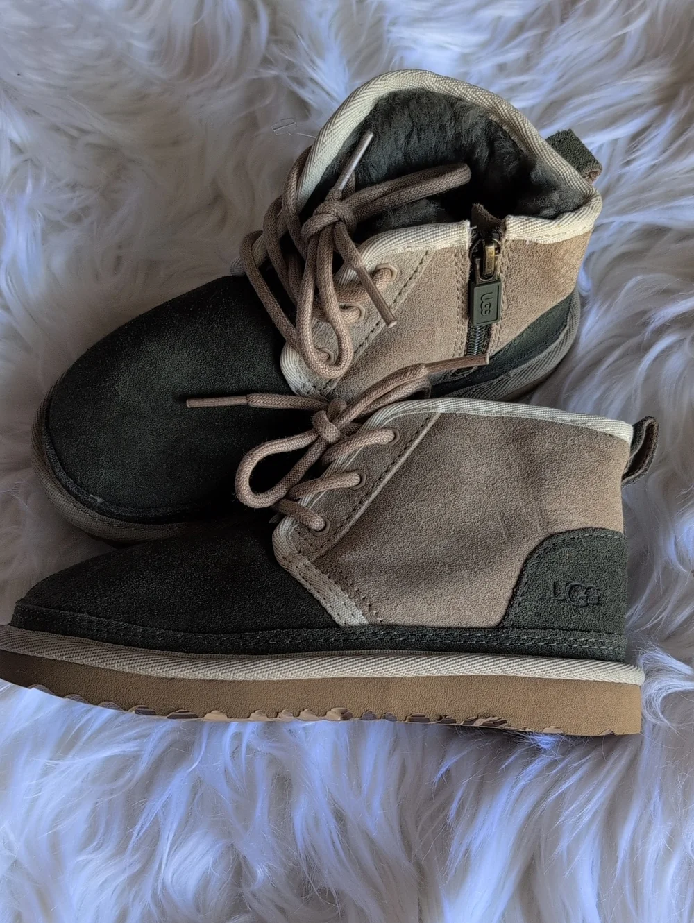 UGG Two-Tone Suede Lace-Up Ankle Boots in Olive Green & Taupe